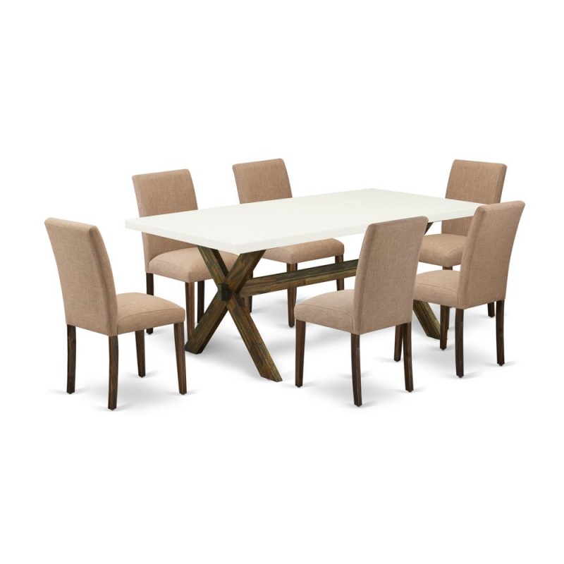 East West Furniture 7-Pc Kitchen And Dining Room Chairs Includes 6 Upholstered Chairs With Upholstered Seat And High Back And A Rectangular Breakfast Table - Distressed Jacobean Finish