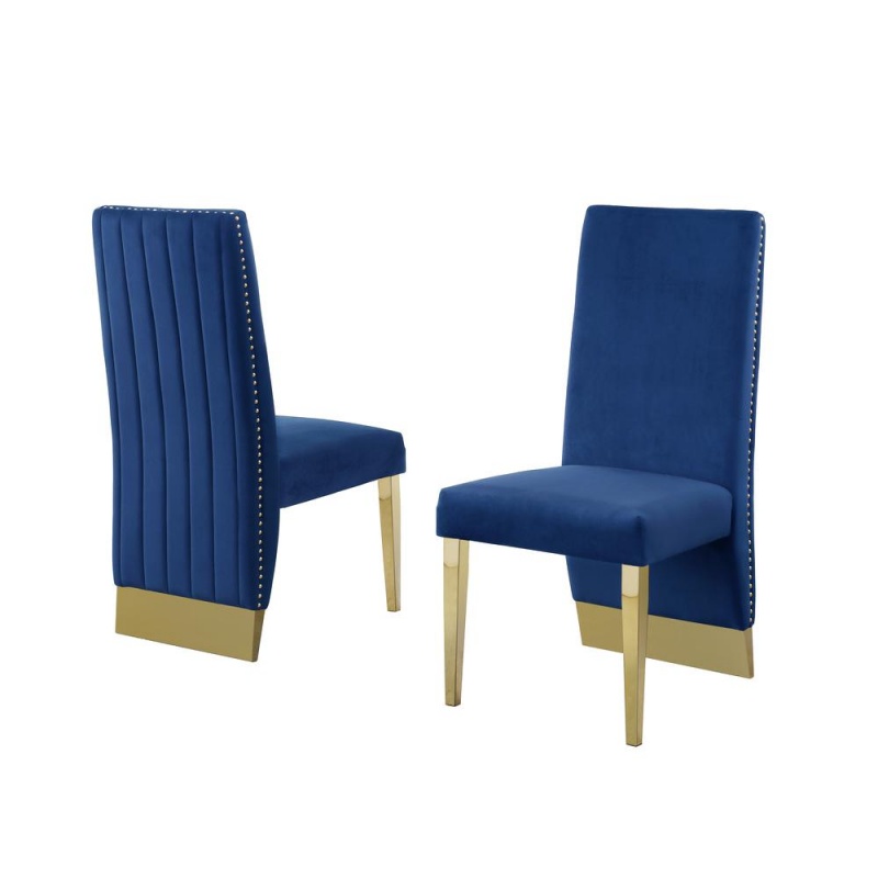 Acrylic Glass 7Pc Gold Set Pleated Chairs In Navy Blue Velvet