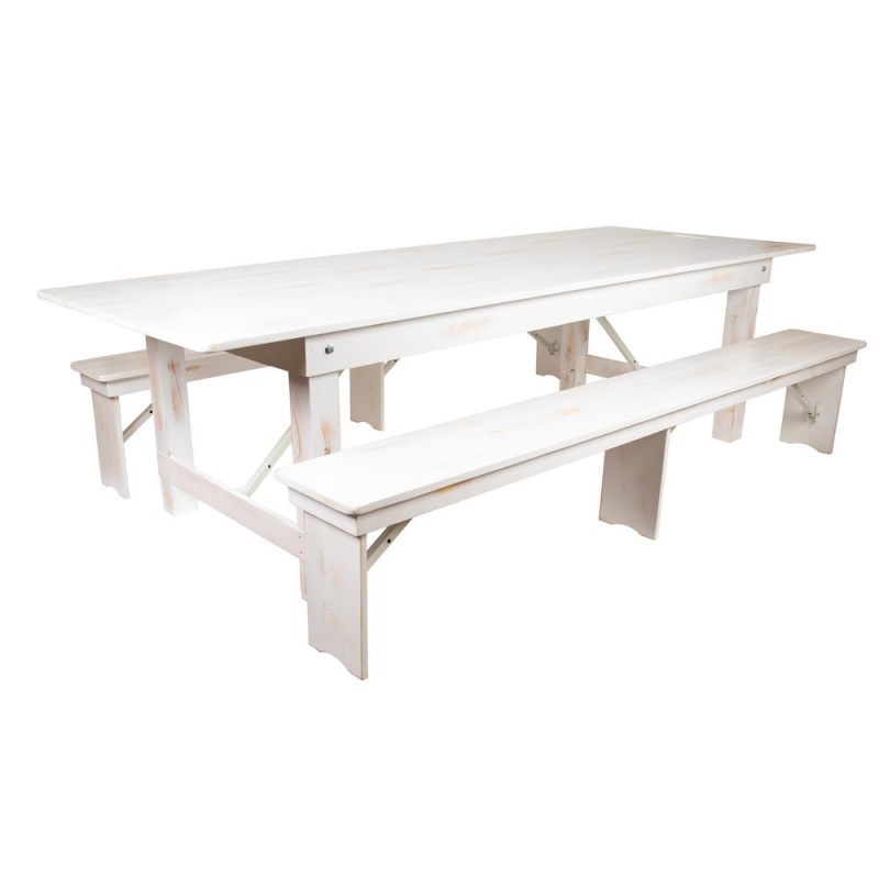 9' X 40" Antique Rustic White Folding Farm Table And Two Bench Set
