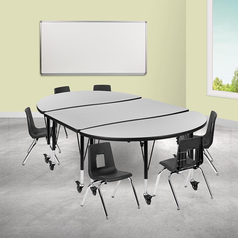 Mobile 76" Oval Wave Collaborative Laminate Activity Table Set With 12" Student Stack Chairs, Grey/Black