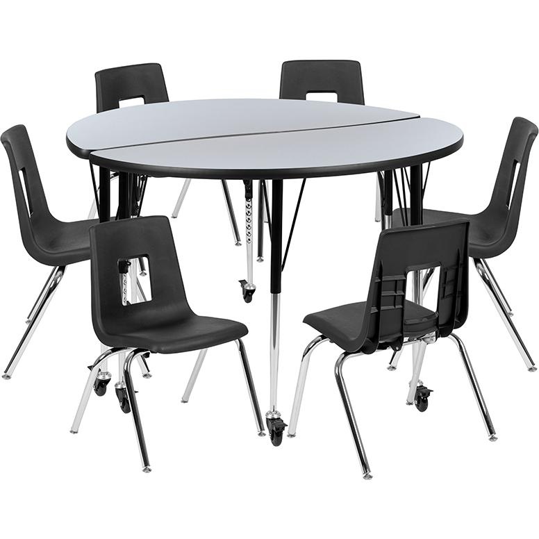 Mobile 47.5" Circle Wave Collaborative Laminate Activity Table Set With 16" Student Stack Chairs, Grey/Black