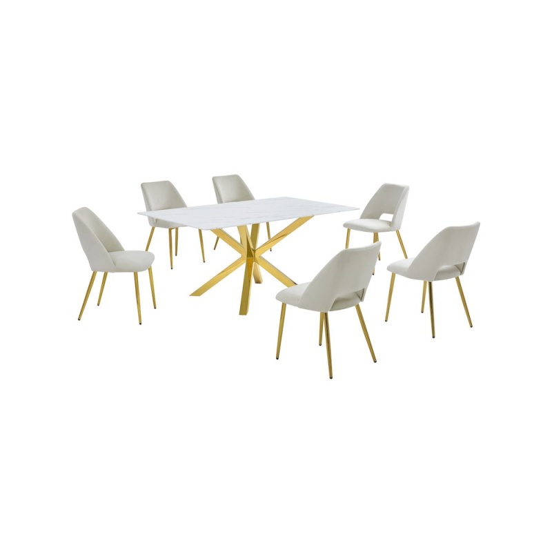 Best Quality Furniture Glass With White Marble Wrap Dining Set And Cream Chairs