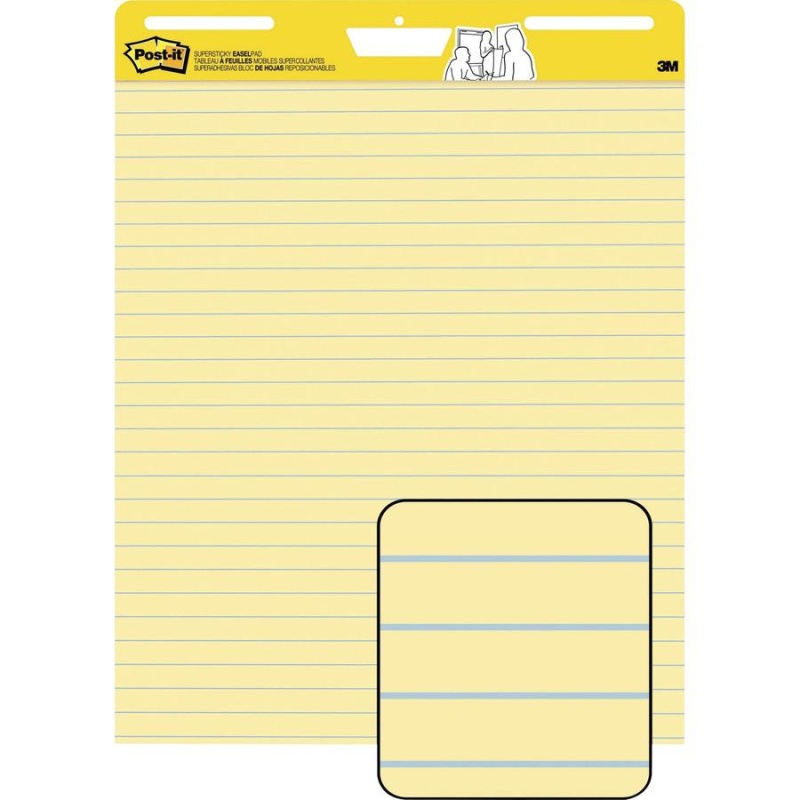 Post-It® Super Sticky Easel Pad - 30 Sheets - Stapled - Feint Blue Margin - 18.50 Lb Basis Weight - 25" X 30" - Canary Yellow Paper - Self-Adhesive, Bleed-Free, Perforated, Repositionable, Resist