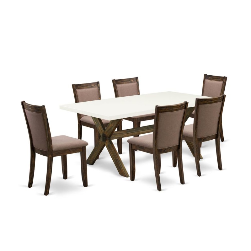 X727mz748-7 7 Piece Modern Dining Set - A Dining Table With Trestle Base And 6 Coffee Dining Chairs - Distressed Jacobean Finish