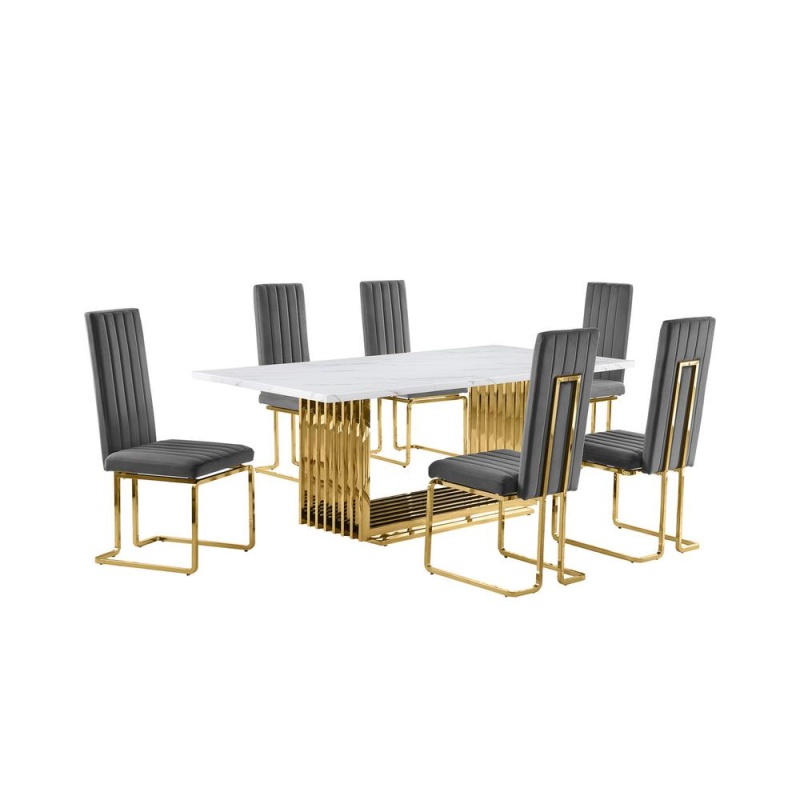 7Pc Large(79") Marble Top Dining Set With Gold Base And 6 Dark Grey Side Chairs