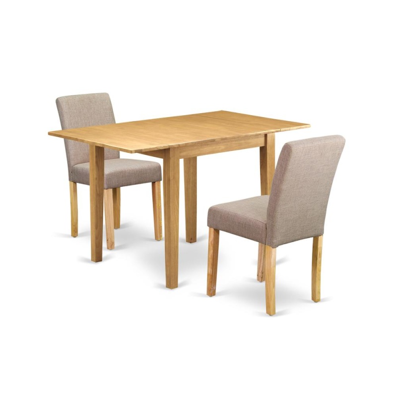 1Ndab3-Oak-04 Dining Table Set 3 Pc - Two Dining Room Chairs And A Modern Dining Table - Oak Finish Wood - Light Fawn Color Linen Fabric