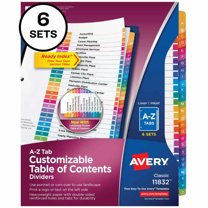 Avery® A-Z Customizable Multicolor Toc Dividers - 156 X Divider(S) - A-Z, Table Of Contents - 26 Tab(S)/Set - 8.5" Divider Width X 11" Divider Length - 3 Hole Punched - White Paper Divider - Multi