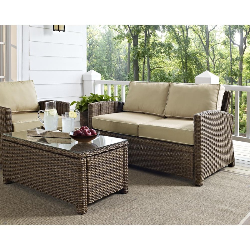 Bradenton 2Pc Outdoor Wicker Chat Set Sand/Weathered Brown - Loveseat, Glass Top Table