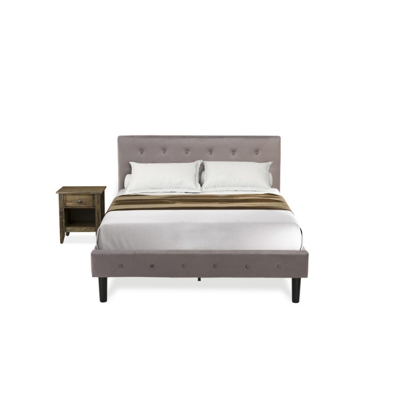 Nl14f-1Ga07 2 Piece Bed Set - 1 Bed Brown Taupe Velvet Fabric Headboard And 1 Nightstand - Distressed Jacobean Finish Nightstand