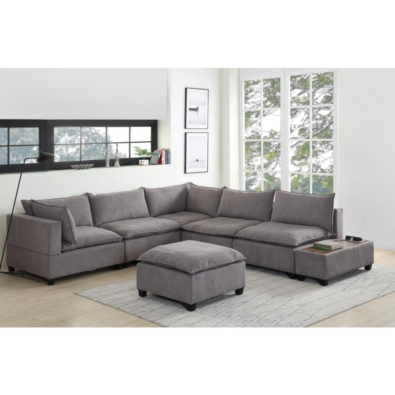 Madison Light Gray Fabric 7Pc Modular Sectional Sofa With Ottoman And Usb Storage Console Table