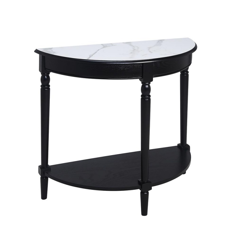 French Country Half-Round Entryway Table With Shelf, White Faux Marble/Black