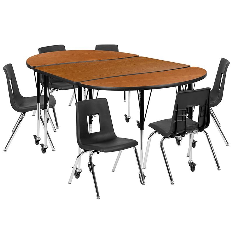 Mobile 76" Oval Wave Collaborative Laminate Activity Table Set With 16" Student Stack Chairs, Oak/Black