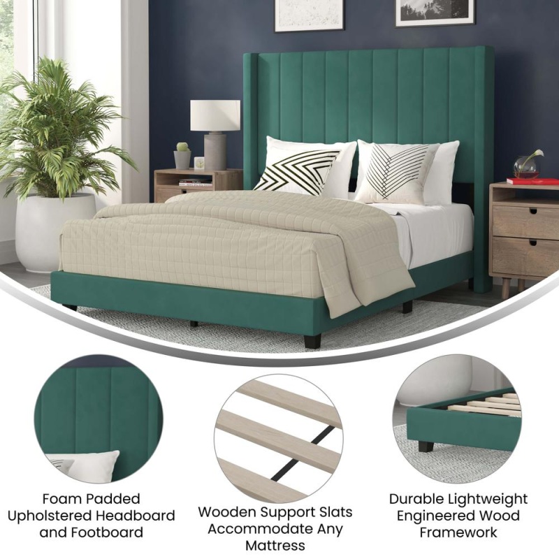 Bianca Full Upholstered Platform Bed With Vertical Stitched Wingback Headboard, Slatted Mattress Foundation, No Box Spring Needed, Emerald Velvet
