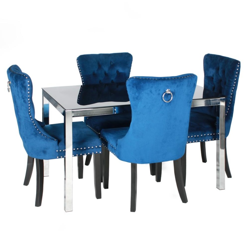 Better Home Products Lisa Chrome Dining Table Set For 4 With Blue Velvet Chairs