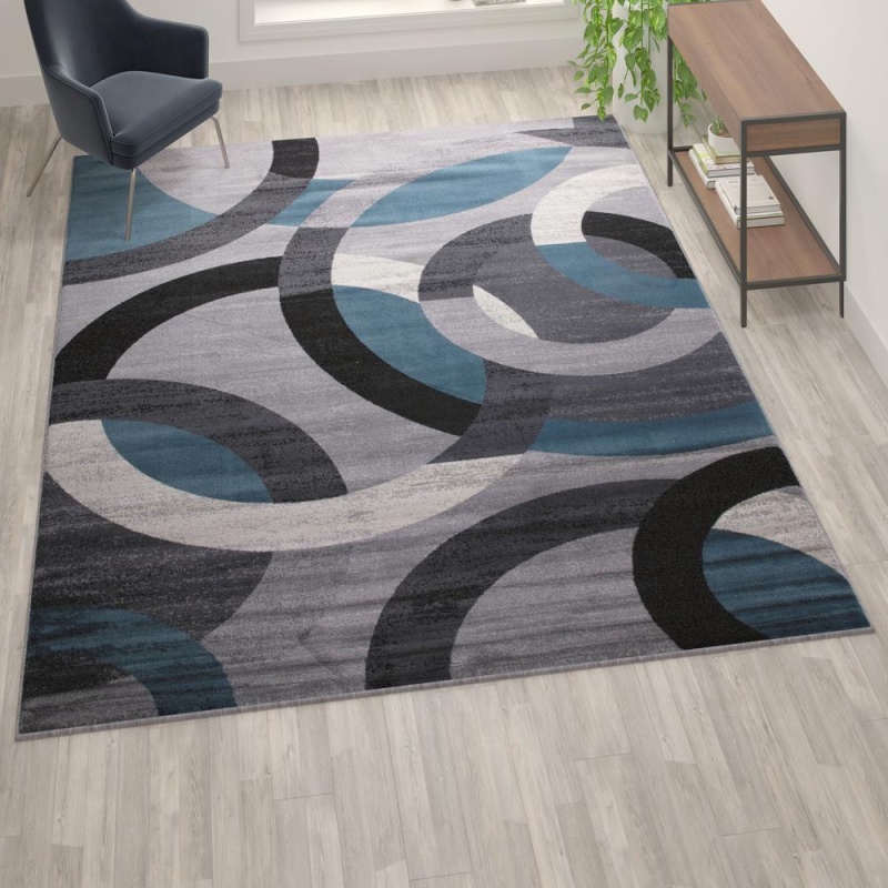 Harken Collection Geometric 8' X 10' Blue And Gray Olefin Area Rug With Jute Backing, Living Room, Bedroom
