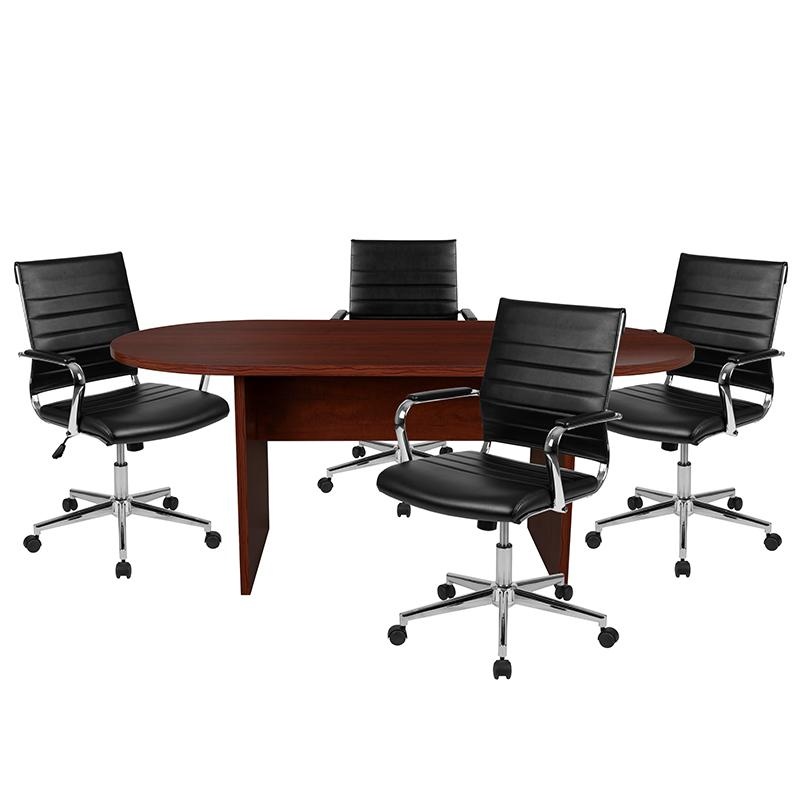 5 Piece Mahogany Oval Conference Table Set With 4 Black Leathersoft Ribbed Executive Chairs