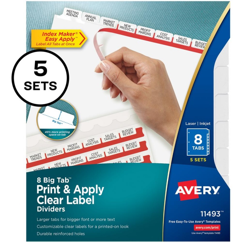 Avery® Big Tab Index Maker Index Divider - 40 X Divider(S) - Print-On Tab(S) - 8 - 8 Tab(S)/Set - 8.5" Divider Width X 11" Divider Length - 3 Hole Punched - White Paper Divider - White Paper Tab(s