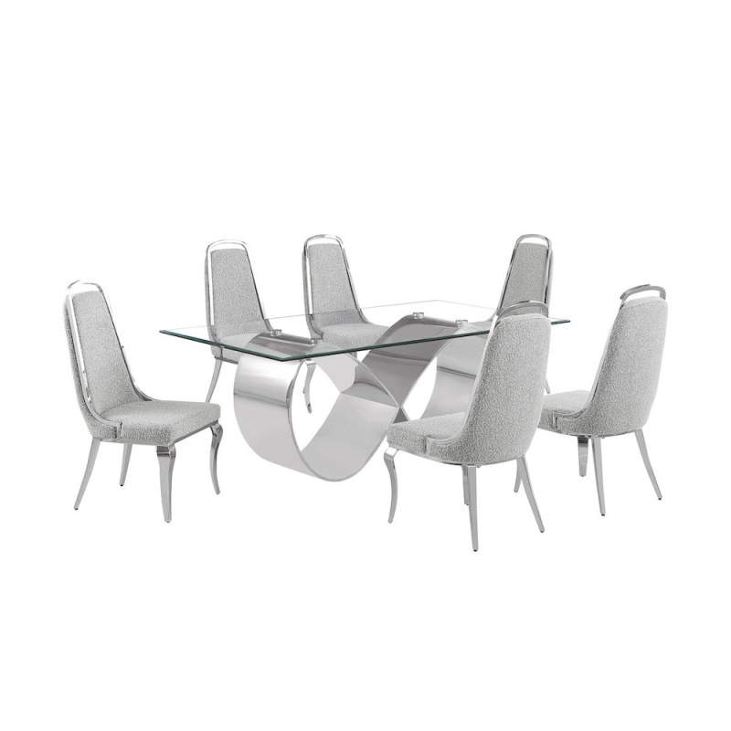 7Pc Tempered Glass Dining Set with 6 Rich Gray Boucle Side Chairs