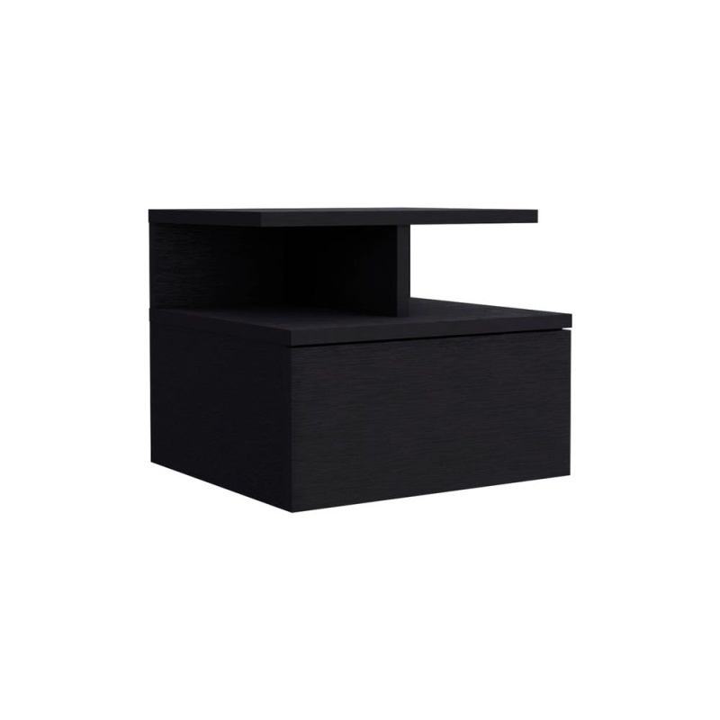 Depot E-Shop Seward Floating Nightstand, Wall Mounted With Single Drawer And 2-Tier Shelf, Black