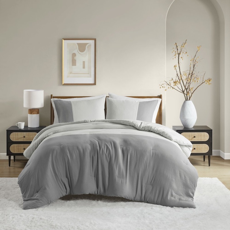 Miro Soft Washed Color Block Comforter Set, Grey Color