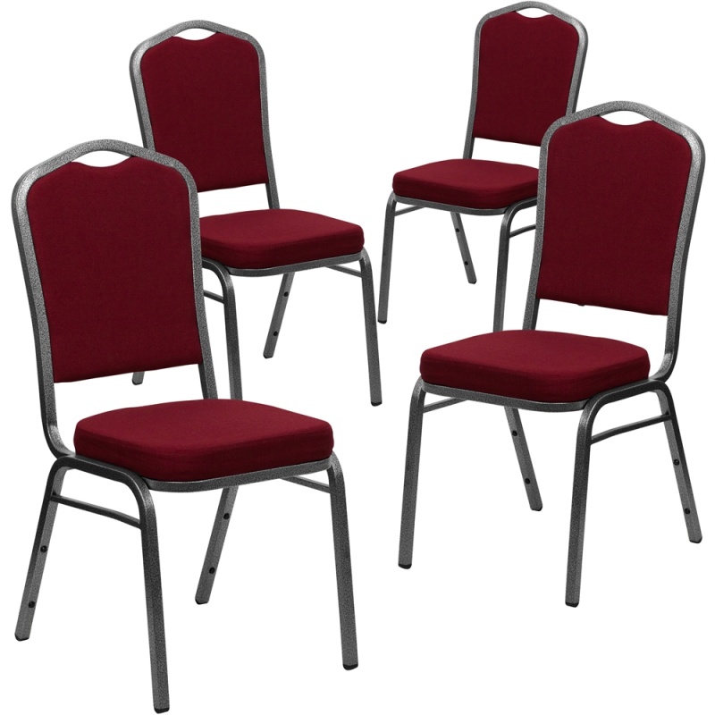 4 Pk. Hercules Series Crown Back Stacking Banquet Chair With Burgundy Fabric And 2.5'' Thick Seat - Silver Vein Frame