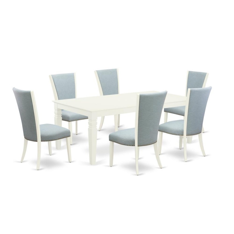 East-West Furniture Lgve7-Lwh-15 - A Wooden Dining Table Set Of 6 Amazing Parson Chairs With Linen Fabric Baby Blue Color And A Beautiful Dining Table With Linen White Color
