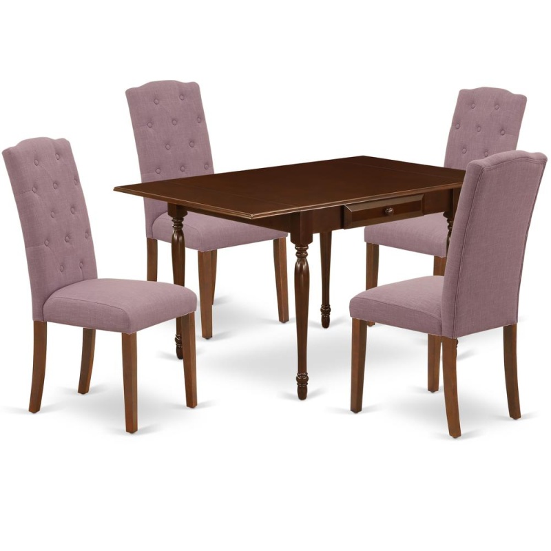 1Mzce5-Mah-10 5Pc Dinette Set Offers A Wood Table And 4 Parsons Dining Chairs With Dahlia Color Linen Fabric, Drop Leaf Table With Full Back Chairs, Mahogany Finish