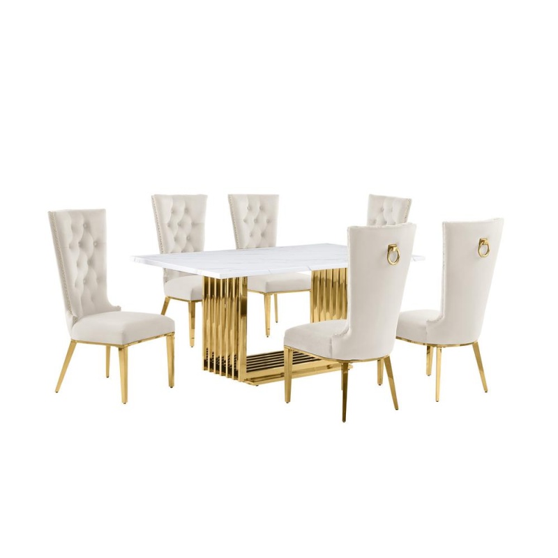 7Pc Small 68" Marble Top Dining Set With Gold Base and 6 Cream Side Chairs
