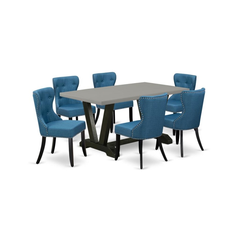 East West Furniture V696si121-7 7-Piece Dining Table Set- 6 Upholstered Dining Chairs With Blue Linen Fabric Seat And Button Tufted Chair Back - Rectangular Table Top & Wooden Legs - Cement And Black