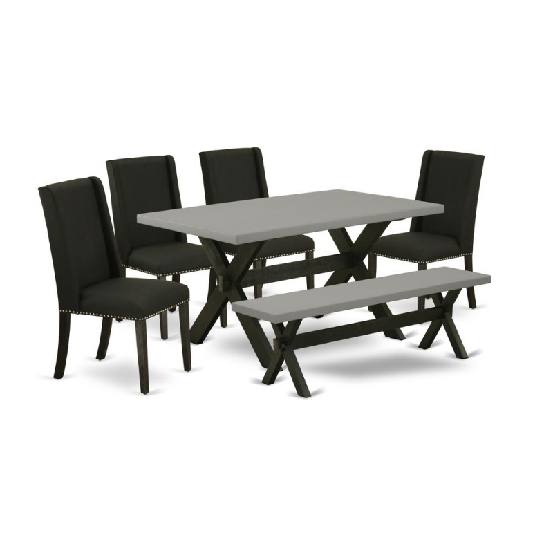 East West Furniture 6-Pc Dining Table Set-Black Linen Fabric Seat And Button Tufted Chair Back Kitchen Chairs, A Rectangular Bench And Rectangular Top Dining Room Table With Wooden Legs - Cement And w