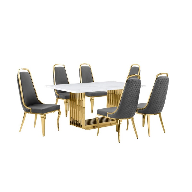 7Pc Small 68" Marble Top Dining Set