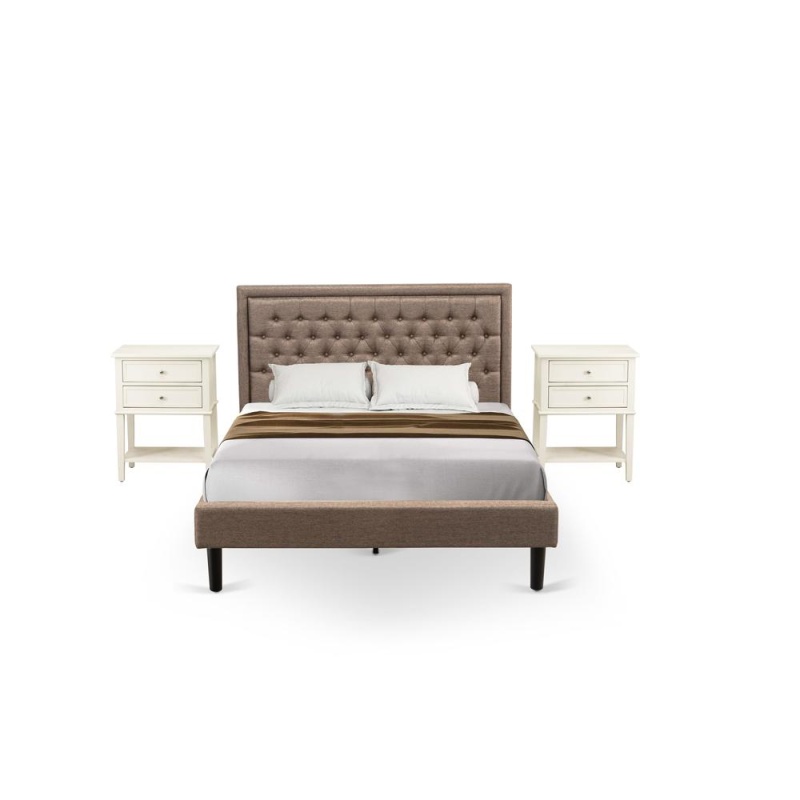 Kd16q-2Vl0c 3 Piece Bed Set - Queen Bed Dark Khaki Headboard With 2 Modern Nightstand - Black Finish Legs