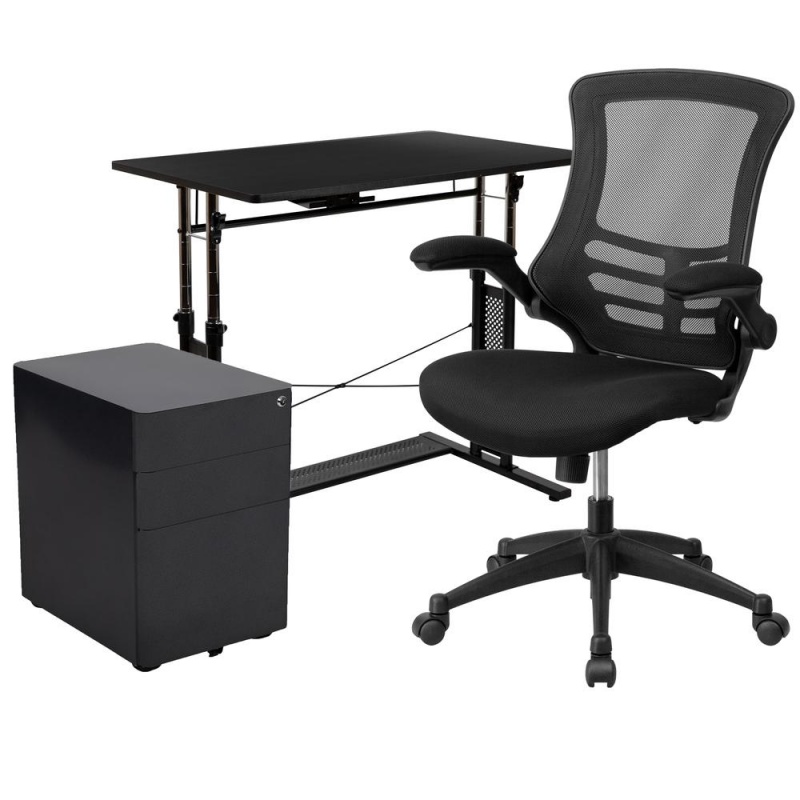 Work From Home Kit - Adjustable Computer Desk, Ergonomic Mesh Office Chair And Locking Mobile Filing Cabinet With Side Handles