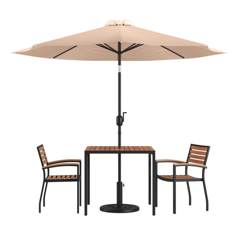 5 Piece Outdoor Patio Table Set With 2 Synthetic Teak Stackable Chairs, 35" Square Table, Tan Umbrella & Base