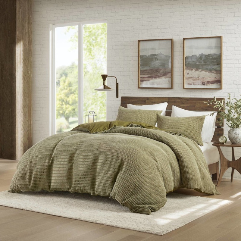 Lyon Waffle Washed Duvet Set, Green Color