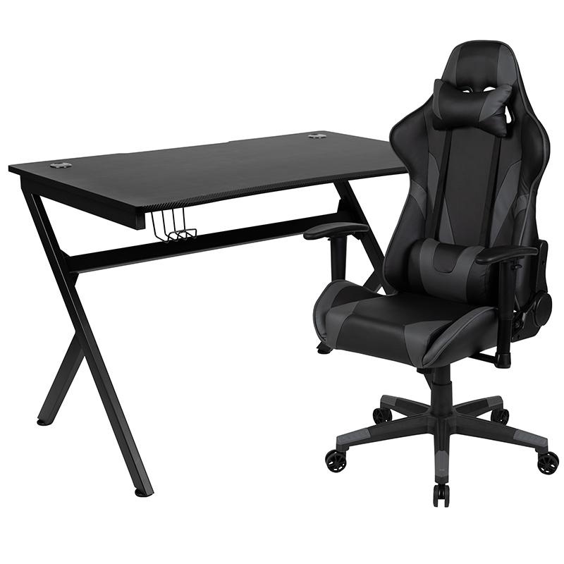 Black Gaming Desk And Gray/Black Reclining Gaming Chair Set With Cup Holder, Headphone Hook & 2 Wire Management Holes