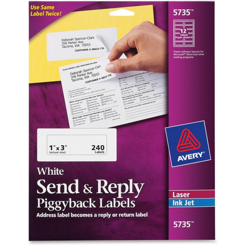 Avery® Send & Reply Piggyback Labels - 1" Width X 3" Length - Permanent Adhesive - Rectangle - Laser, Inkjet - White - Paper - 12 / Sheet - 20 Total Sheets - 240 Total Label(S) - 240 / Pack