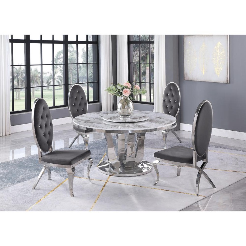 White Marble Lazy-Susan Dining Set Tufted Faux Crystal Chairs In Dark Grey Velvet