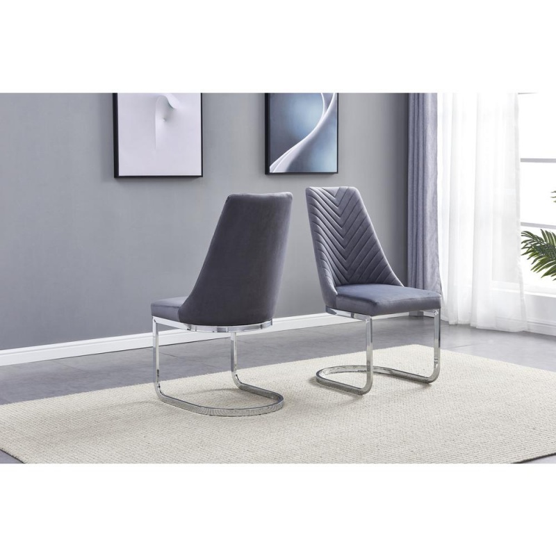 Rectangular Tempered Glass 5Pc Set Chrome Chairs In Dark Grey Velvet