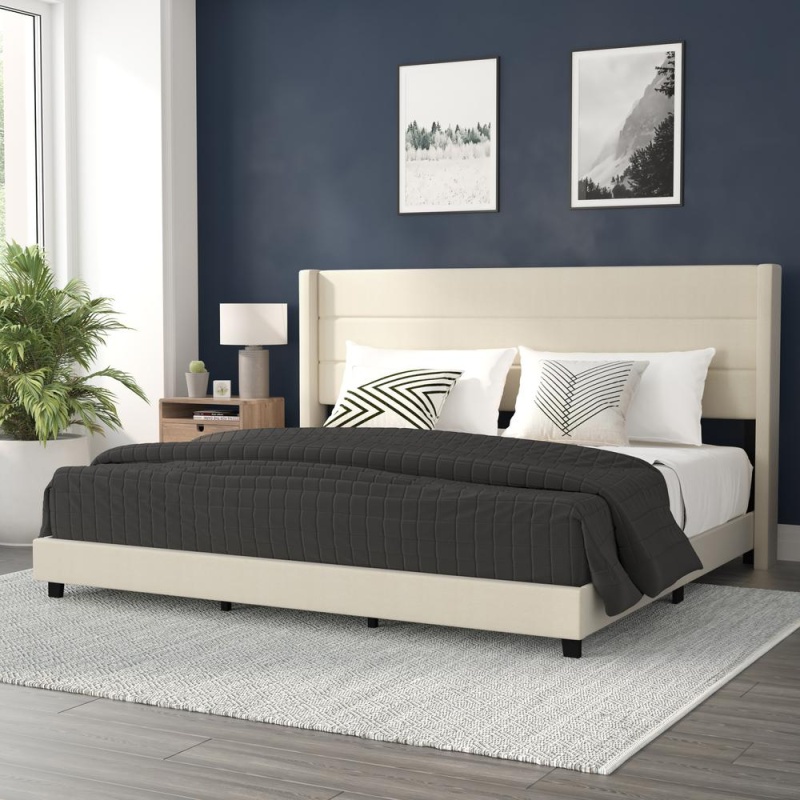 Hollis King Upholstered Platform Bed With Wingback Headboard, Mattress Foundation With Slatted Supports, No Box Spring Needed, Beige Faux Linen