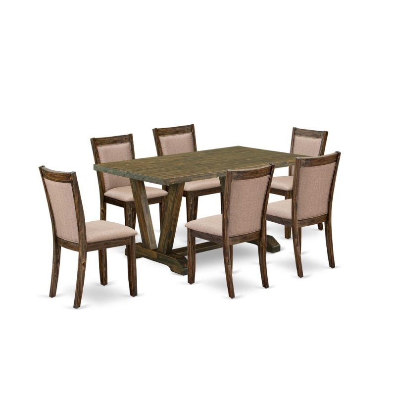 V776mz716-7 7 Pc Modern Dining Set - A Kitchen Table With Trestle Base And 6 Chairs For Dining Room - Distressed Jacobean Finish