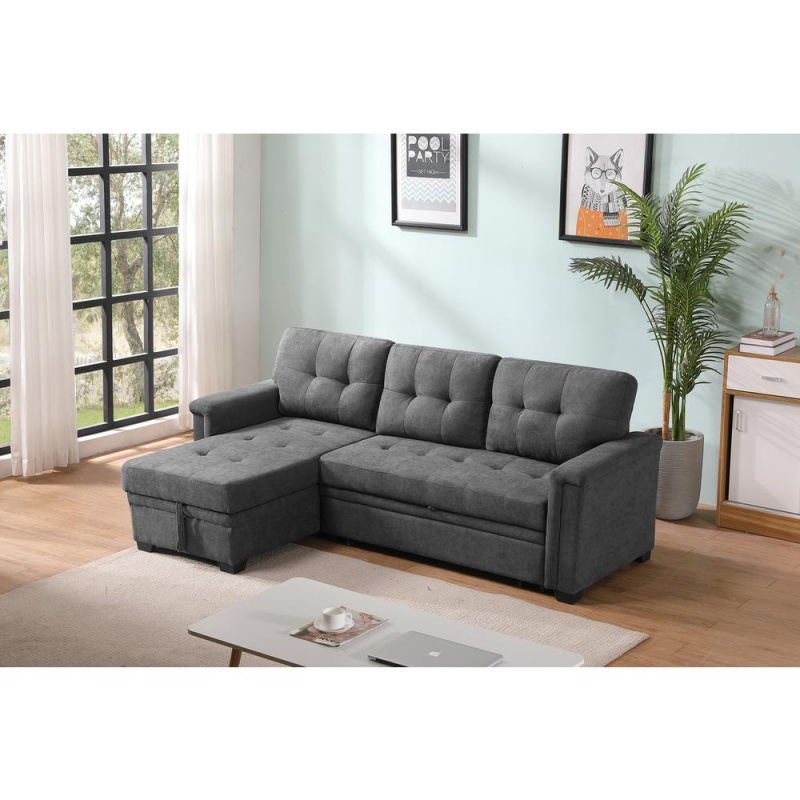 Ashlyn Gray Woven Fabric Sleeper Sectional Sofa Chaise With Usb Charger And Tablet Pocket