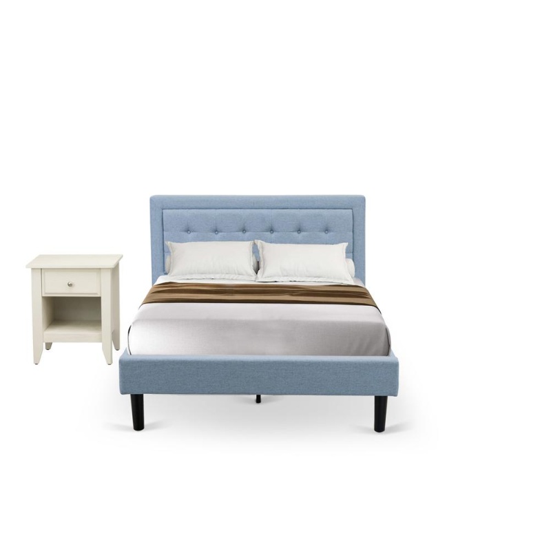 Fn11f-1Ga0c 2-Piece Platform Full Bedroom Set With 1 Full Bed Frame And A Wooden Night Stand - Denim Blue Linen Fabric