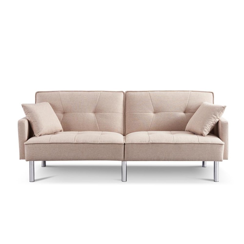 Tufted Futon Convertible Sofa Sleeper With Two Throw Pillows
