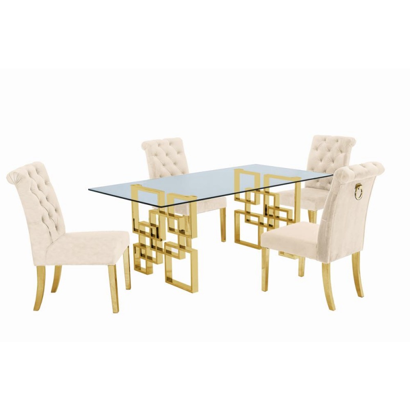 Classic 7 Piece Dining Set With Glass Table Top And Stainless Steel Legs W/Ring Handle, Beige