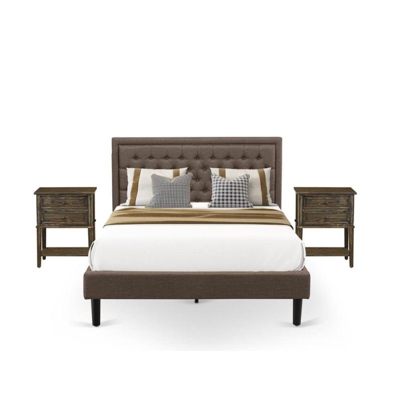 Kd18q-2Vl07 3 Piece Queen Size Bed Set - Bed Frame Brown Headboard With 2 Small Nightstand - Black Finish Legs