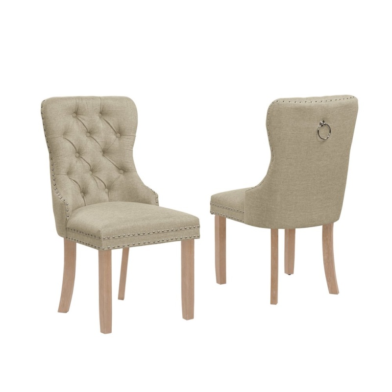 2Pc Beige Button Tufted Wing Back Chairs