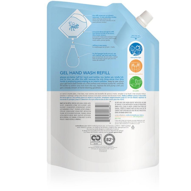 Method Gel Hand Soap Refill - Sweet Water Scentfor - 34 Fl Oz (1005.5 Ml) - Squeeze Bottle Dispenser - Hand - Clear - Triclosan-Free - 6 / Carton