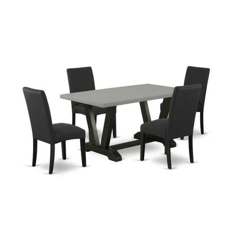 East West Furniture 5-Pc Kitchen Dining Set- 4 Parson Dining Chairs With Black Linen Fabric Seat And Stylish Chair Back - Rectangular Table Top & Wooden Legs - Cement And Black Finish