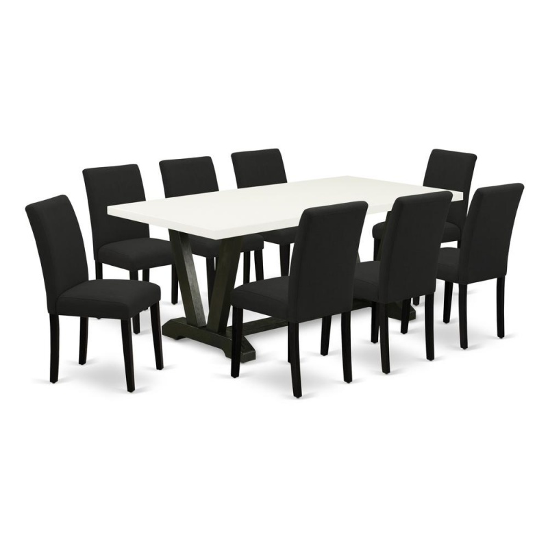 East West Furniture 9-Piece Dinette Set Includes 8 Mid Century Dining Chairs With Upholstered Seat And High Back And A Rectangular Wood Dining Table - Black Finish